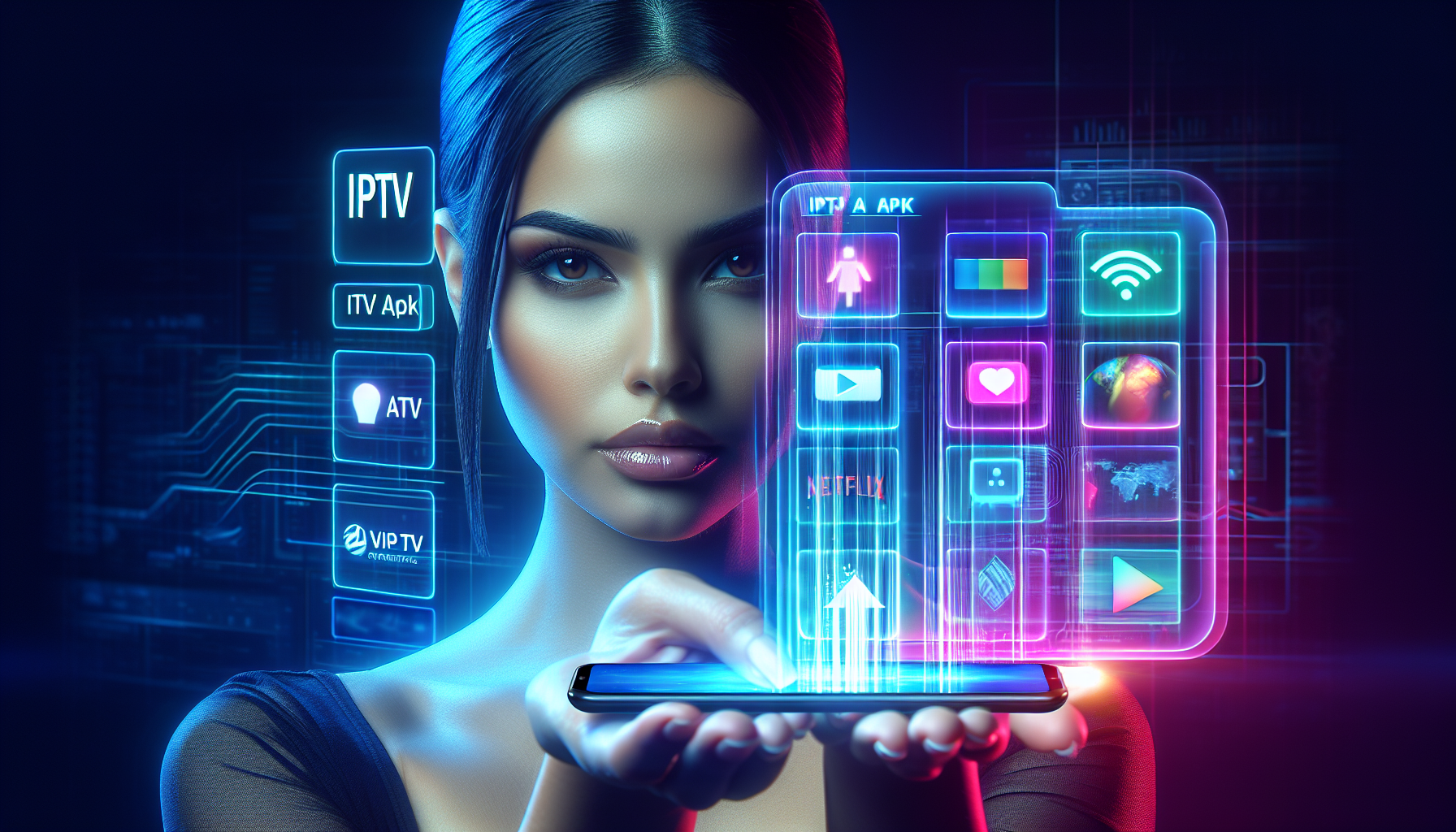 A person holding a smartphone with a vibrant IPTV APK interface displayed, showcasing various channel options and program listings optimized for mobile viewing.