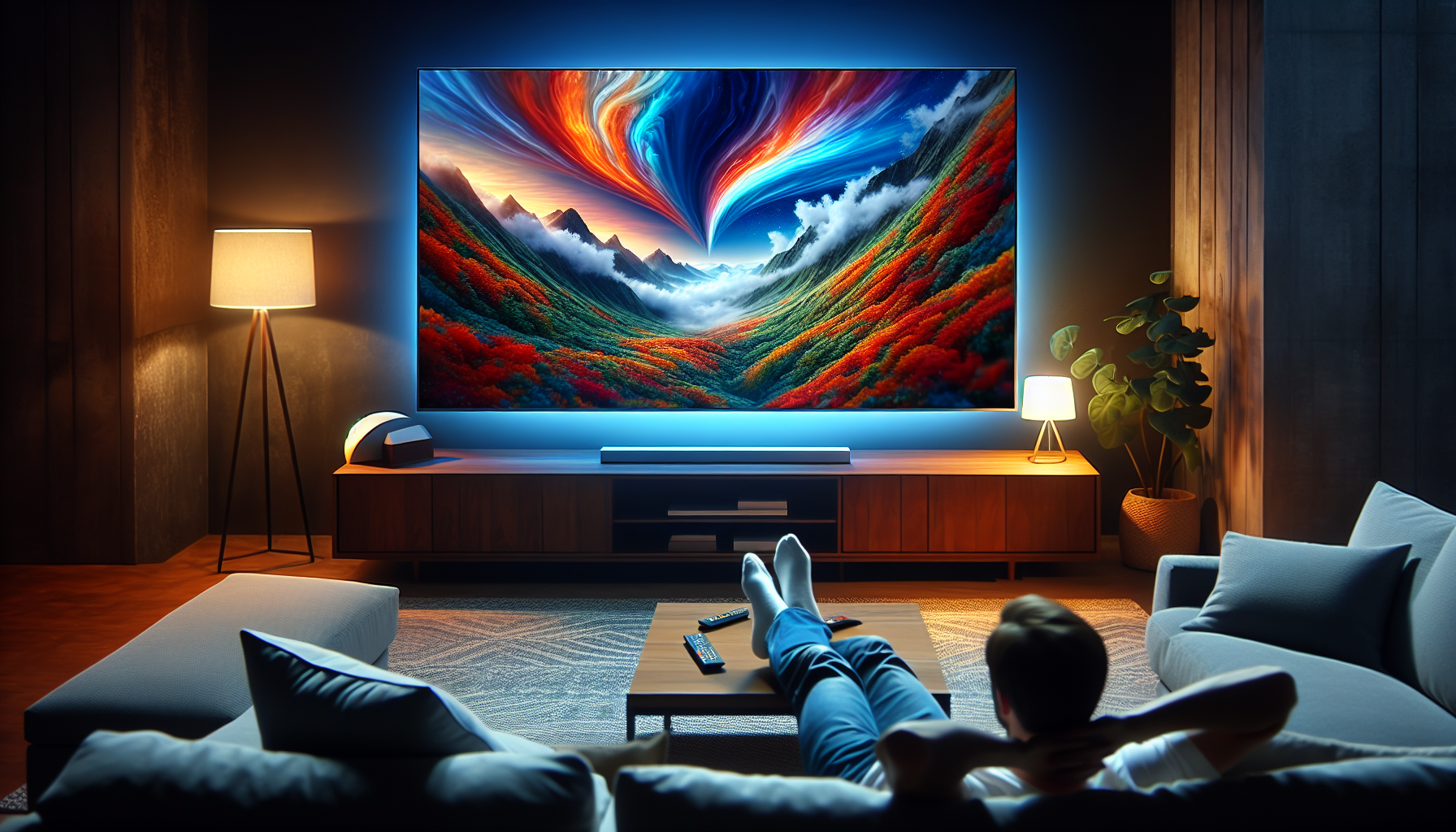 A person lounging on a comfortable couch, engrossed in watching a high-definition IPTV screen with vibrant colors and sharp details.