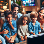 A happy family watching various channels on a high-definition TV through a premium IPTV service.