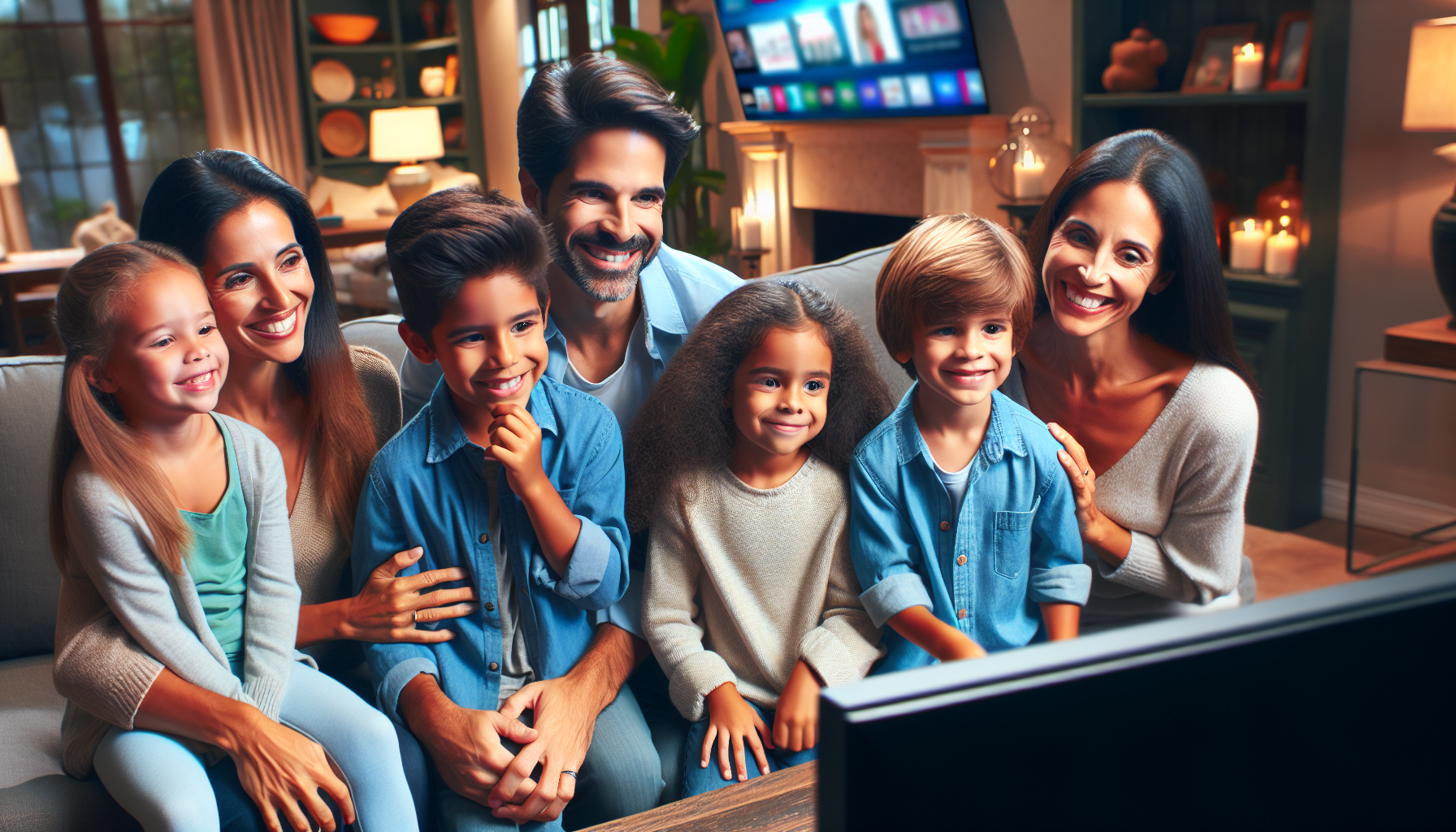 A happy family watching various channels on a high-definition TV through a premium IPTV service.